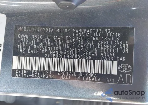 2017 Toyota Corolla Le from USA, damaged, VIN 2T1BURHE9HC805398